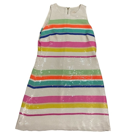 Kate Spade White Pink Cape Multi Stripe Sequin Lined Shift Dress Size 6 Party - Picture 6 of 15